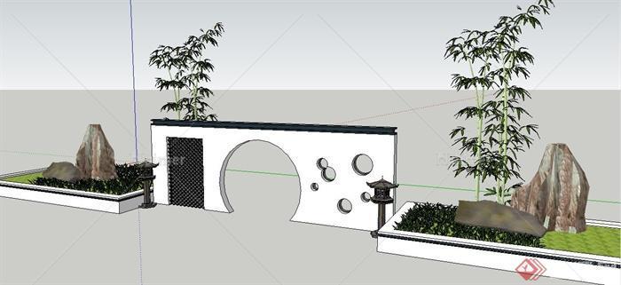中式风格景墙、灯龛、种植池su模型