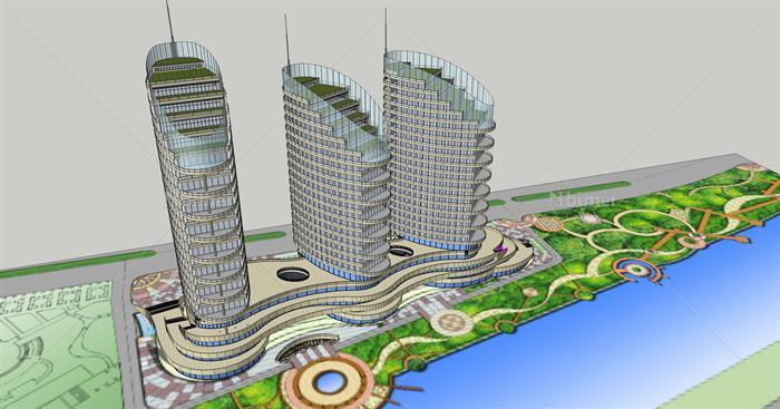 滨河CBD中心综合体建筑SketchUp精致设计模型[原