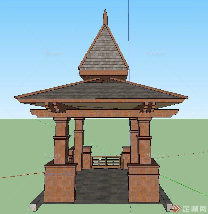 某木质东南亚风格双檐亭设计SU模型