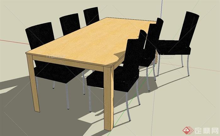 室内木质六人长方形桌椅设计SU模型