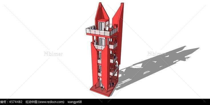 红色景观塔SU模型