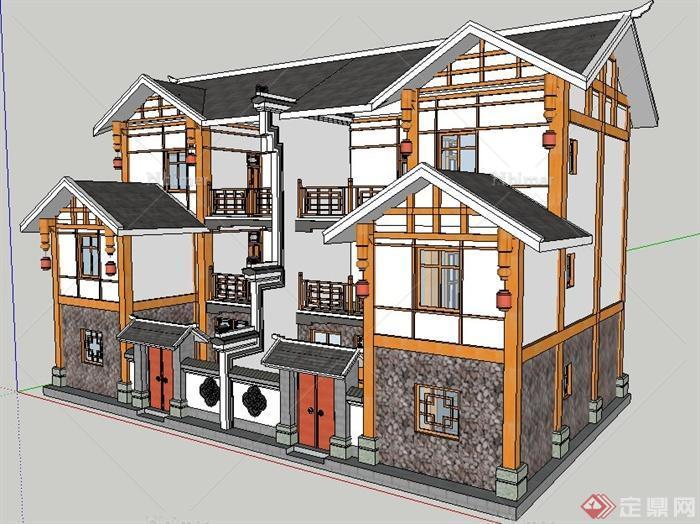 现代中式双拼别墅建筑设计su模型