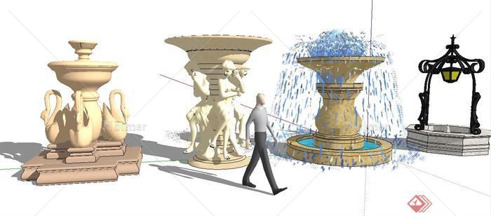 欧式喷泉水池、水井、水钵su模型[原创]