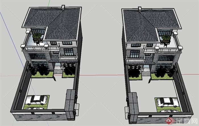 带庭院中式别墅建筑设计SU模型