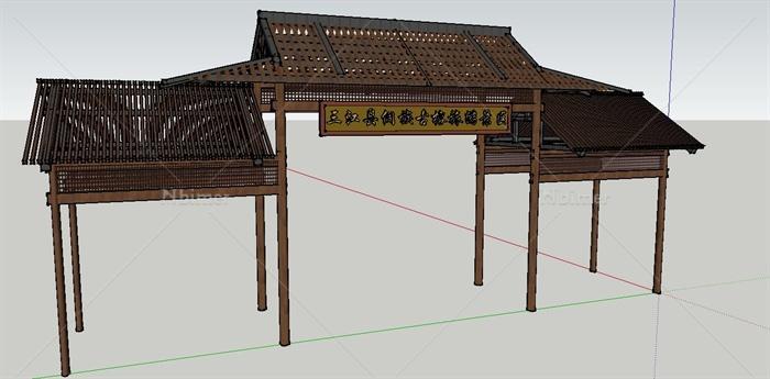 某现代中式风格景区大门及木桌椅组合设计su模型