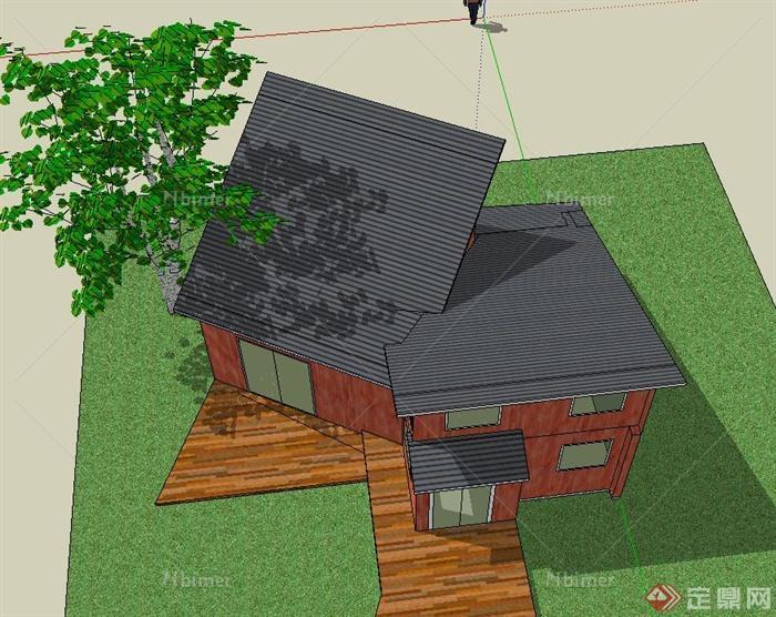 某两层木质堆叠住宅建筑设计SU模型[原创]