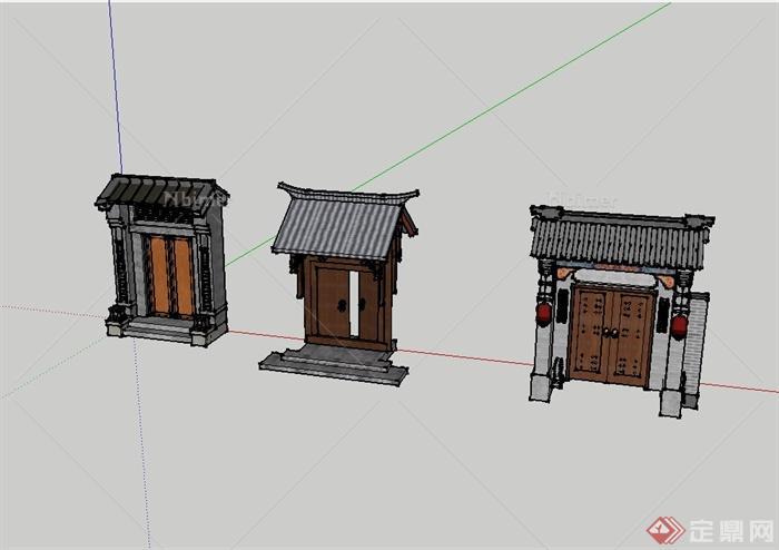 现代中式风格三种四合院住宅门设计su模型[原创]