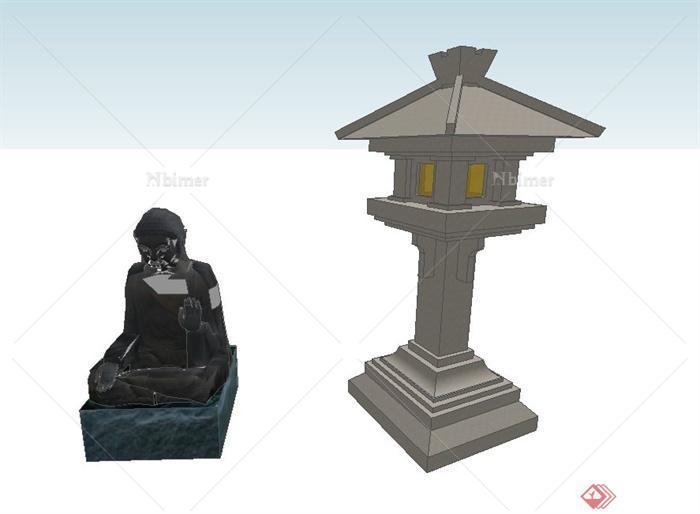 古典中式石雕塑与石灯设计SU模型