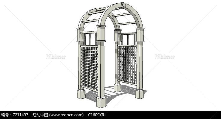 白色双拱形花架式花园入口大门SU模型