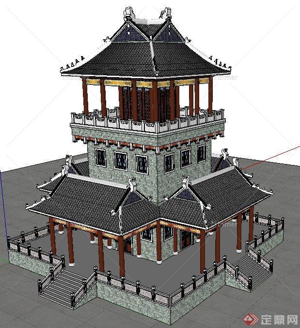 古典中式塔楼建筑设计SU模型[原创]