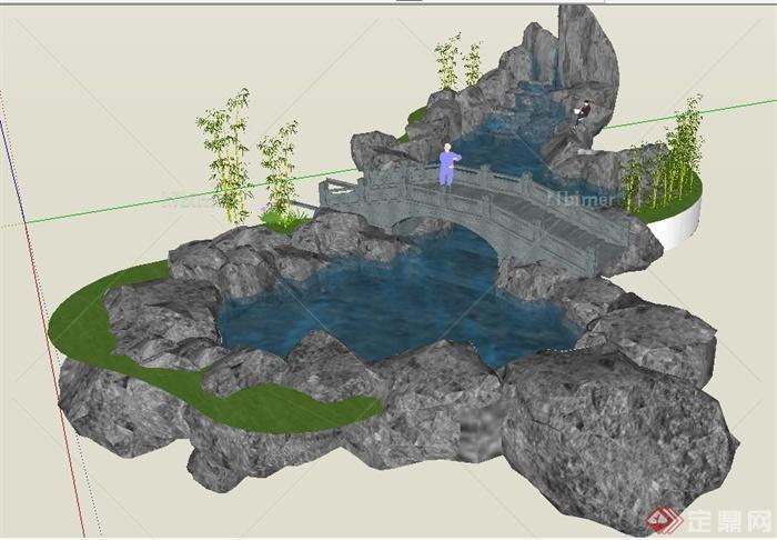 中式风格景石围合水池su模型