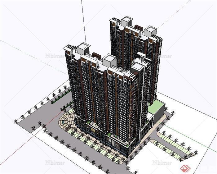 某代风格精致详细高层商住楼建筑设计SU模型[原创