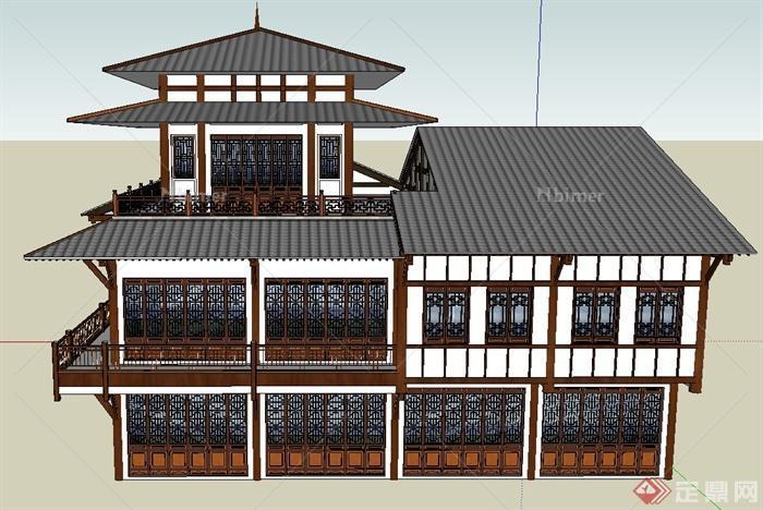 某三层古典中式折叠商业建筑设计SU模型