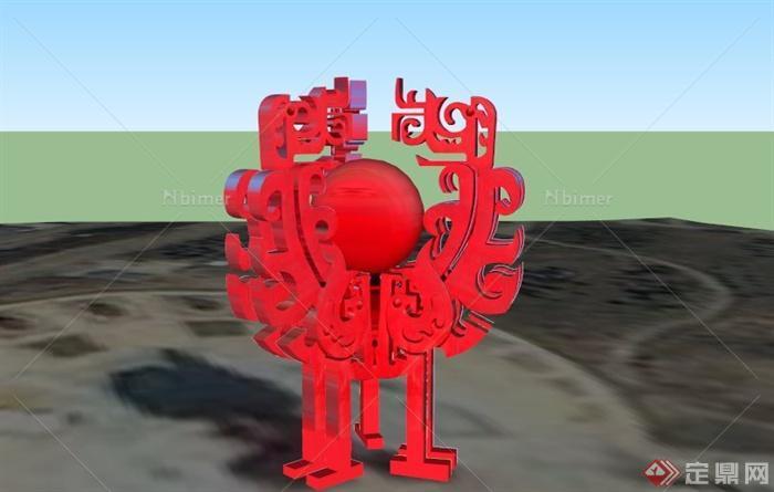 现代中式红色鼎状雕塑设计SU模型[原创]