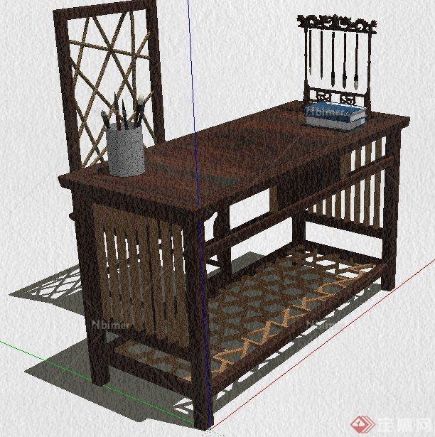 中式风格木制书桌椅、沙发椅su模型