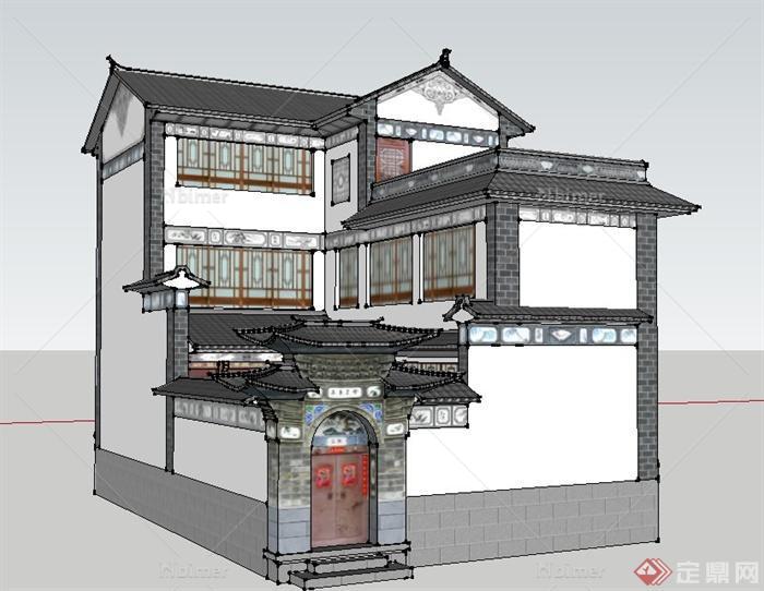某现代中式三层别墅建筑设计su模型（含庭院）
