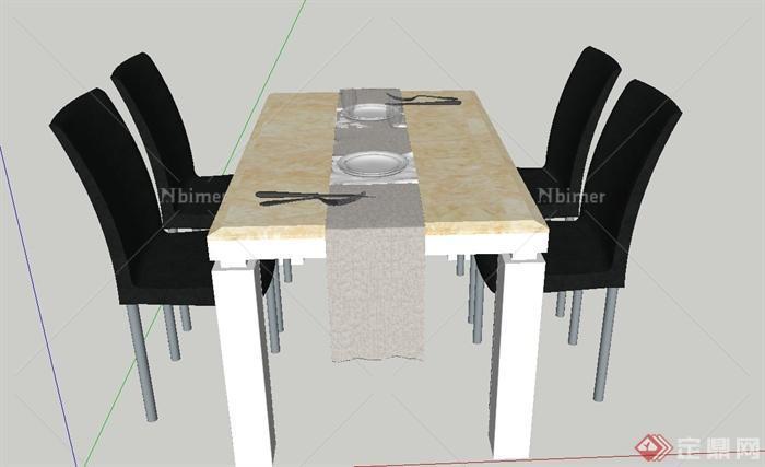 现代室内四人长方形餐桌椅设计SU模型