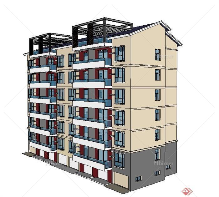 现代六层双拼住宅建筑设计SU模型