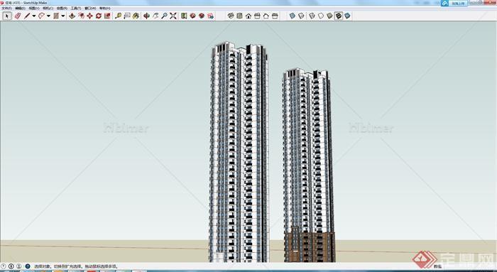 两栋现代风格高层住宅楼建筑设计su模型
