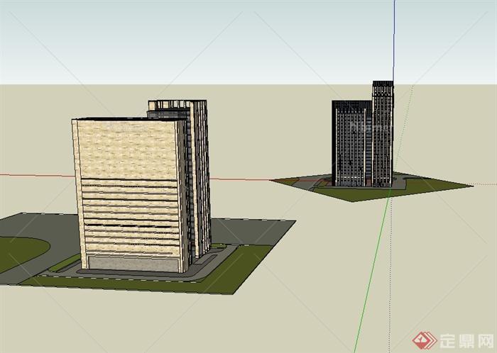 两栋现代风格高层办公建筑设计SU模型[原创]
