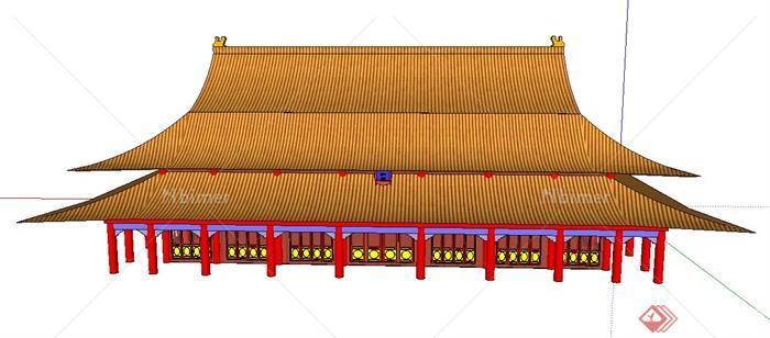 古典中式两层大雄宝殿建筑设计SU模型