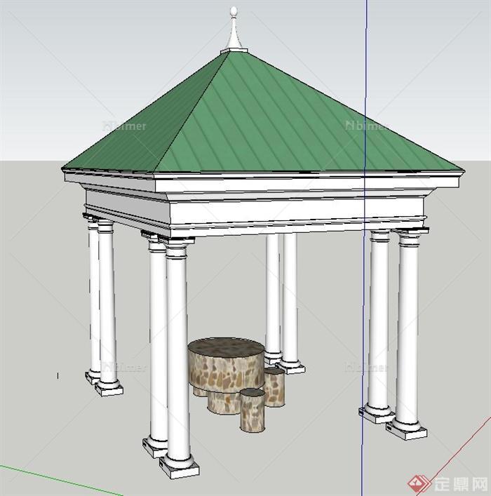 园林景观节点方形亭子与桌椅设计SU模型
