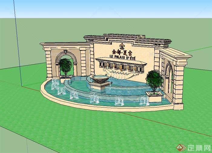 某欧式风格住宅小区入口景墙喷泉水景设计su模型