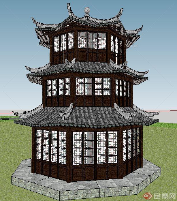 古典中式圆形塔楼建筑设计su模型