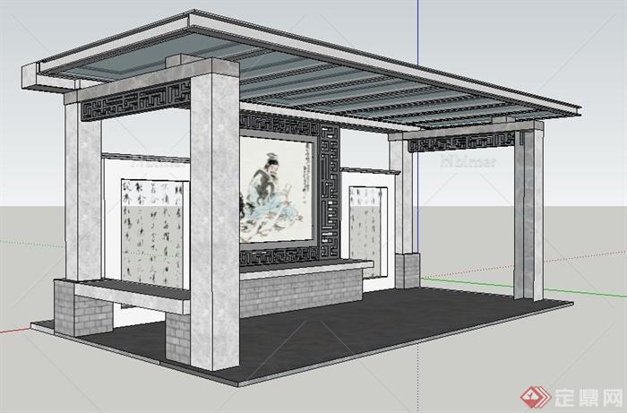 现代中式风格玻璃廊架及景墙su模型