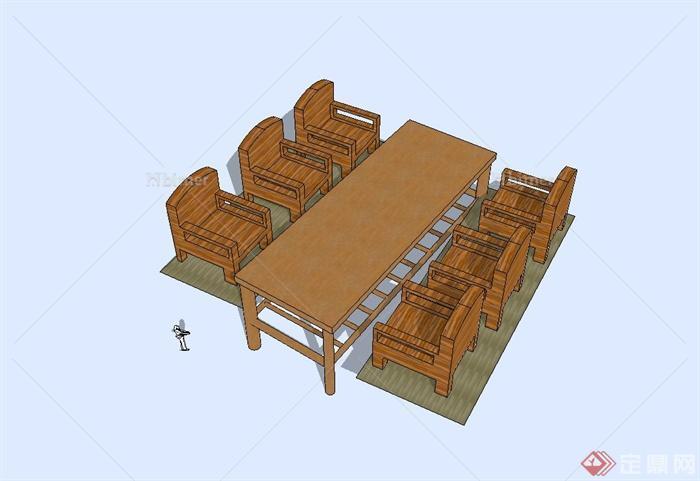 六人木质餐桌椅设计su模型
