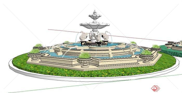 两款精美欧式喷泉跌水水池设计su模型[原创]