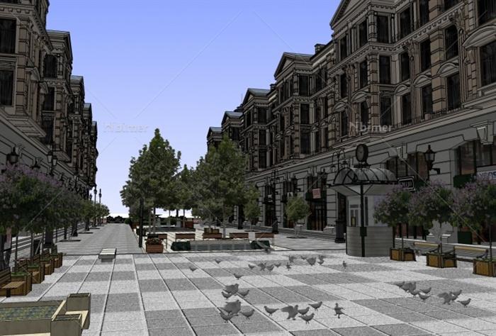 欧式古典商业街建筑及景观设计su模型[原创]