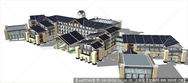 新中式温泉度假酒店建筑方案SU精细设计模型