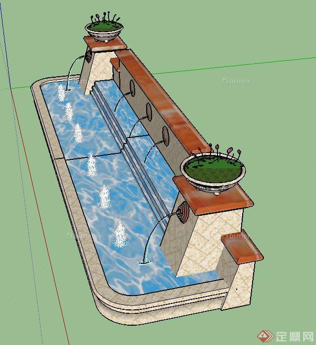 园林景观喷泉水景墙设计SU模型