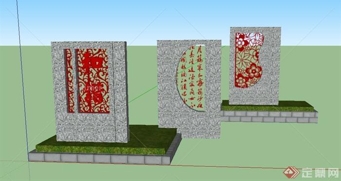 现代中式风格文化景墙设计SU模型