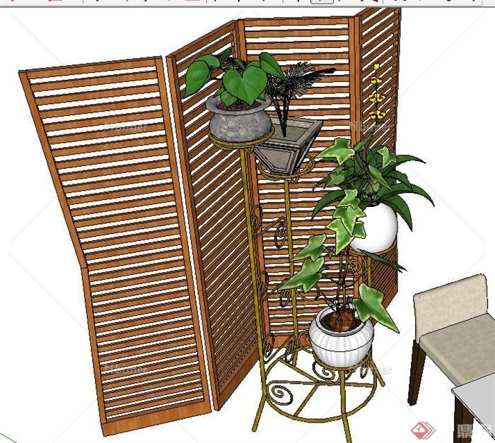 现代风格餐桌椅及植物架su模型