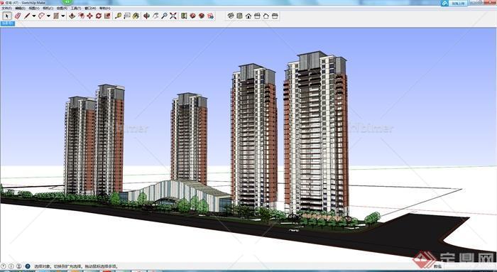 某小区高层住宅楼建筑设计SU模型（带入口景观）