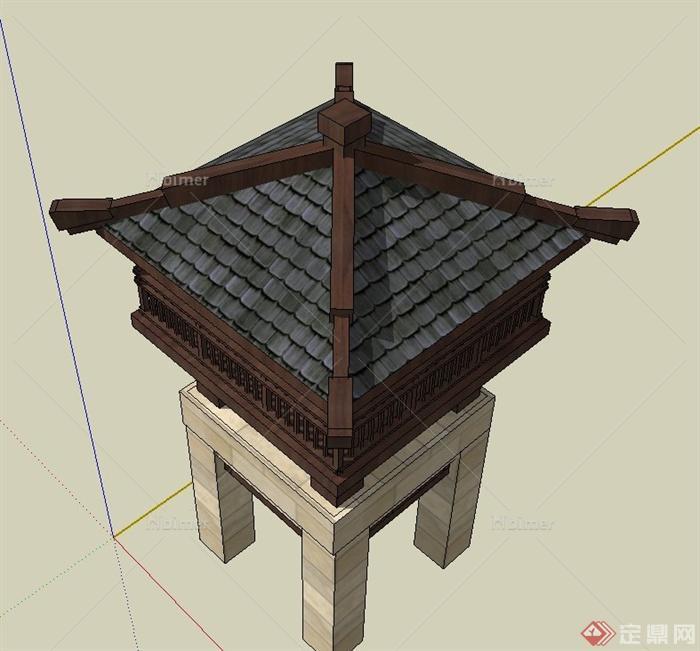 古典中式两层方形塔楼建筑设计SU模型