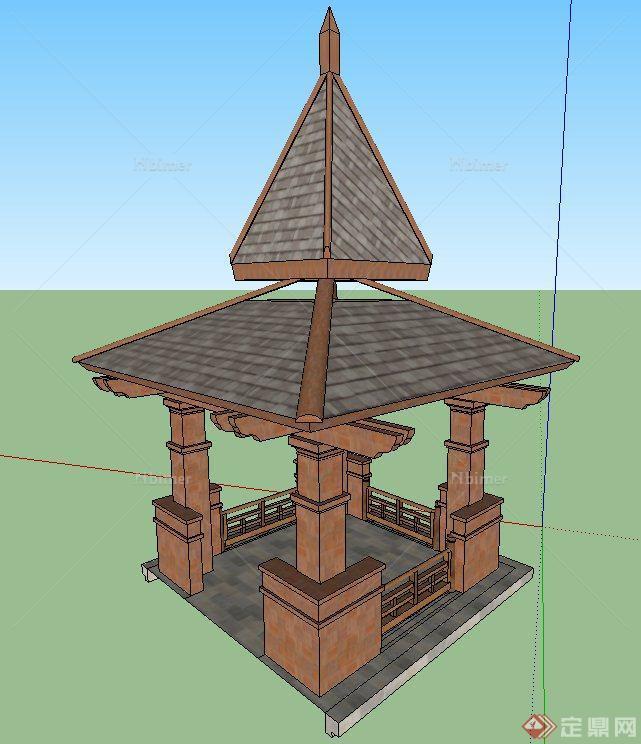 某木质东南亚风格双檐亭设计SU模型