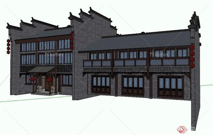 中式风格多层酒馆建筑设计su模型