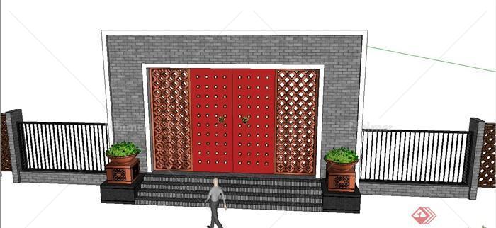 古典中式入口大门围墙设计SU模型[原创]
