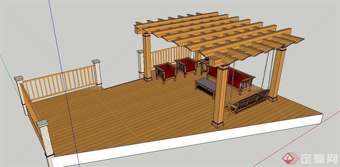 中式风格休闲木平台凉亭组合su模型