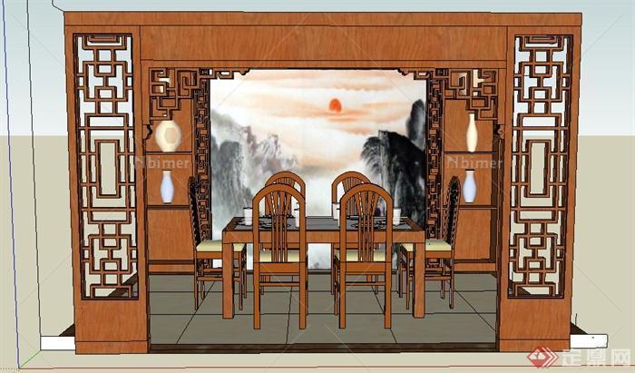 现代中式餐桌椅组合su模型
