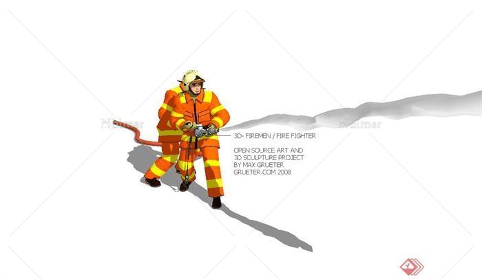 正在喷水的消防员人物素材设计su模型