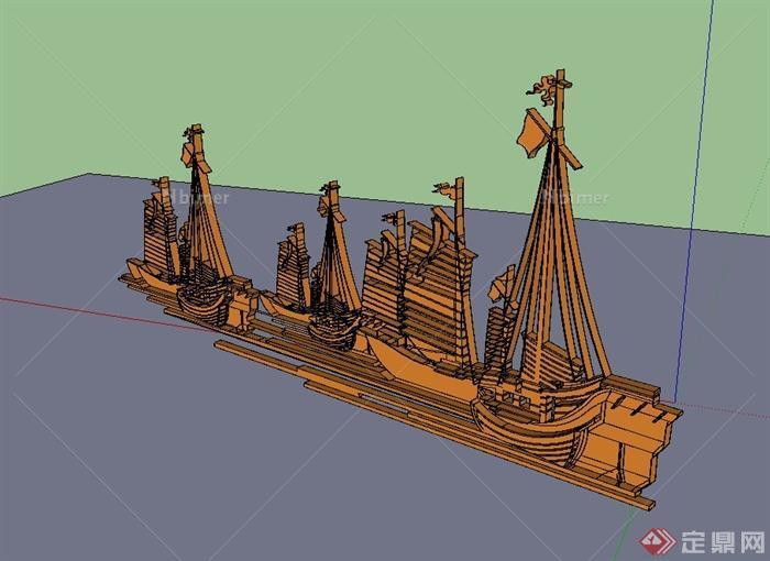 某现代风格木质雕塑船设计su模型[原创]