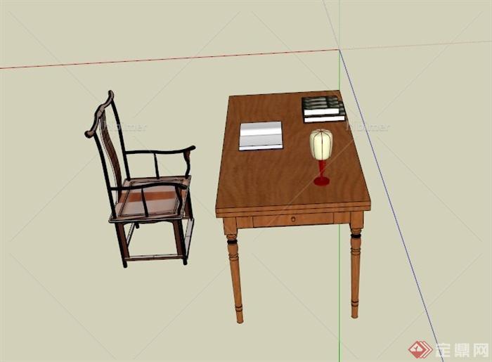 中式简约书桌椅设计SU模型