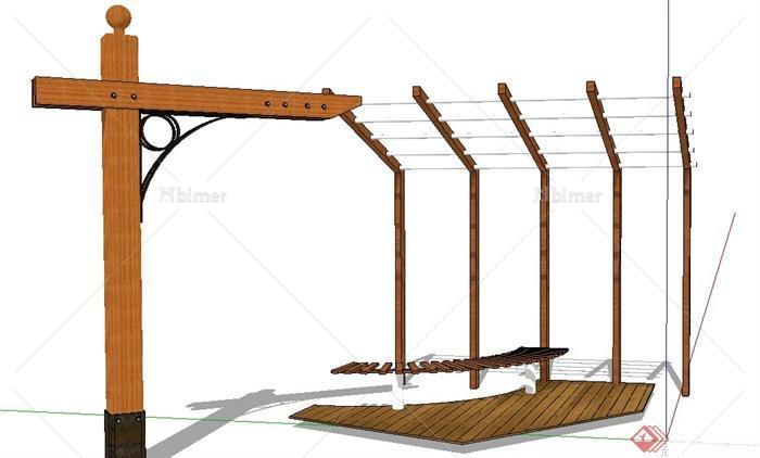 现代木廊架设计su模型（含坐凳）[原创]