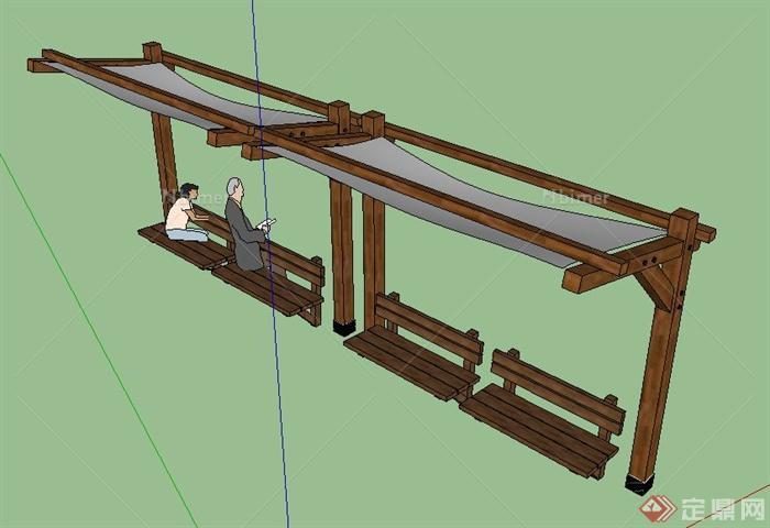园林景观木制廊架及座椅组合su模型