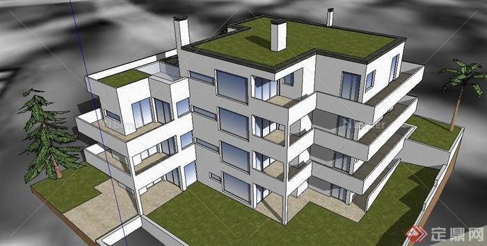 现代简约四层办公楼建筑设计SU模型