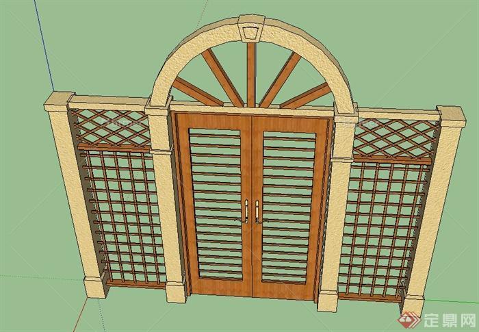 木质庭院镂空门设计su模型